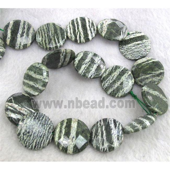 Natural Green Silver-line Jasper Beads, faceted flat round