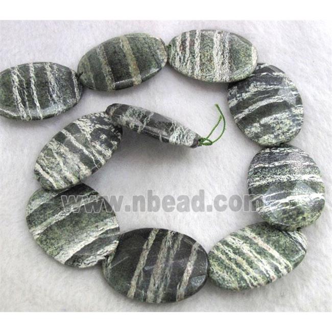 Natural Green Silver-line Jasper Beads, faceted flat oval