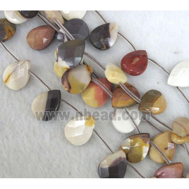 Mookaite jasper Beads, faceted flat-teardrop, top-drilled