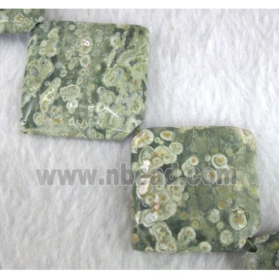 Rhyolite Jasper beads, green, corner-drilled square