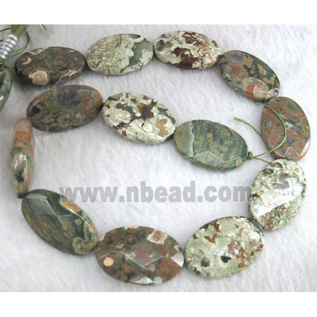 natural Rhyolite beads, green, faceted flat oval