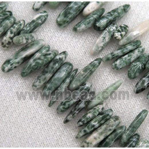 green tree agate beads, stick chip, freeform