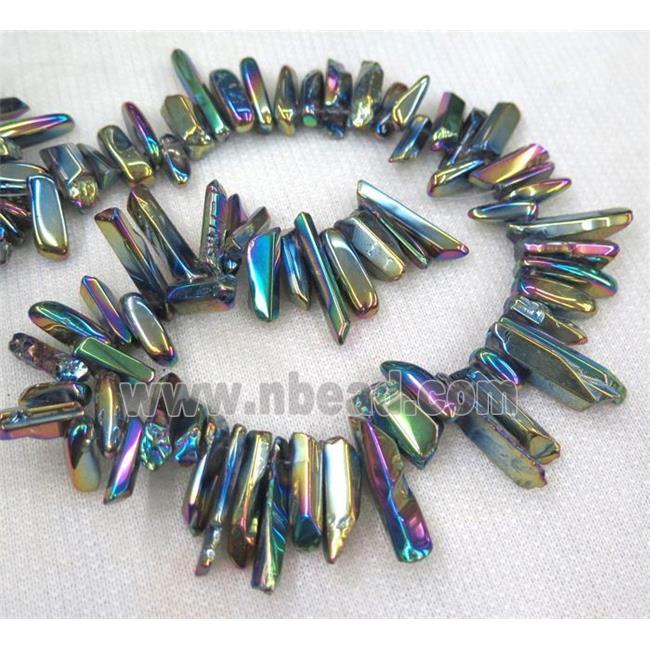 clear quartz bead, stick, freeform, polished, rainbow electroplated