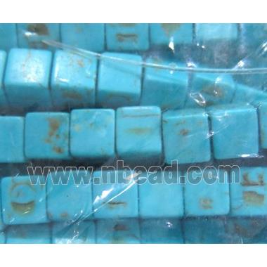 turquoise bead, cube, blue