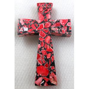 mosaic flower turquoise cross pendant, red