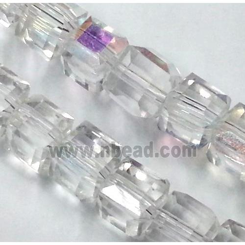 Chinese crystal glass bead, faceted cube, white AB color