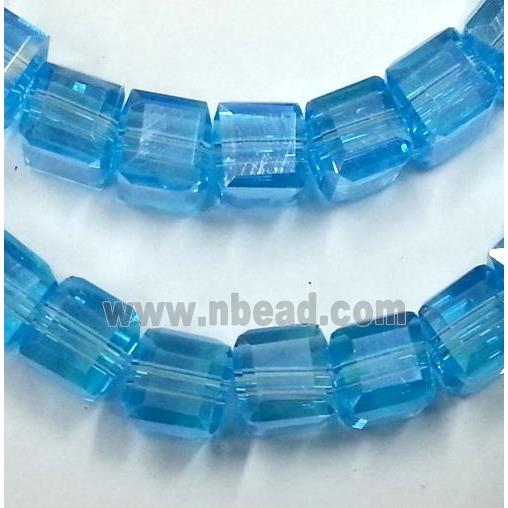 Chinese crystal glass bead, faceted cube, blue