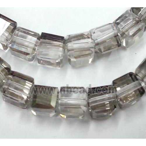 Chinese crystal glass bead, faceted cube, grey and half silver plated