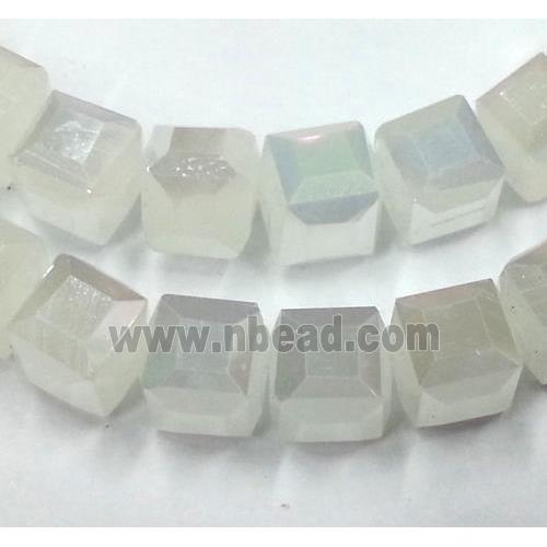 Chinese crystal glass bead, faceted cube, white jade AB color