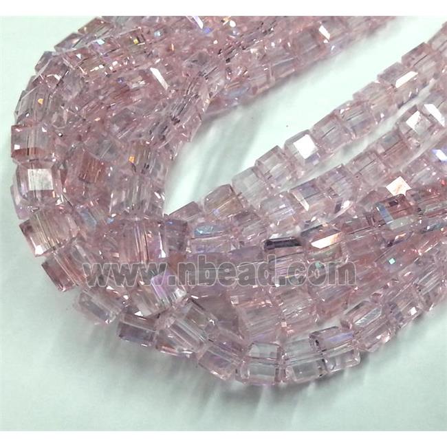 Chinese crystal glass bead, faceted cube, pink AB color