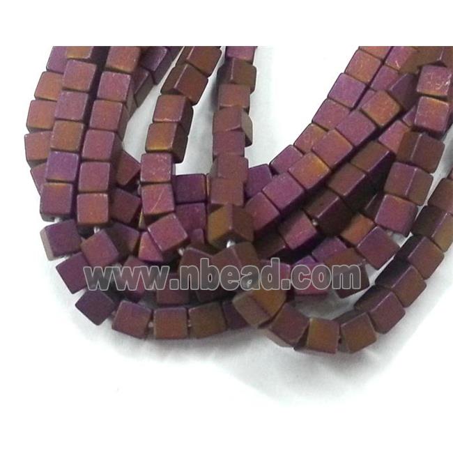 matte Hematite cube beads, no-Magnetic, purple electroplated