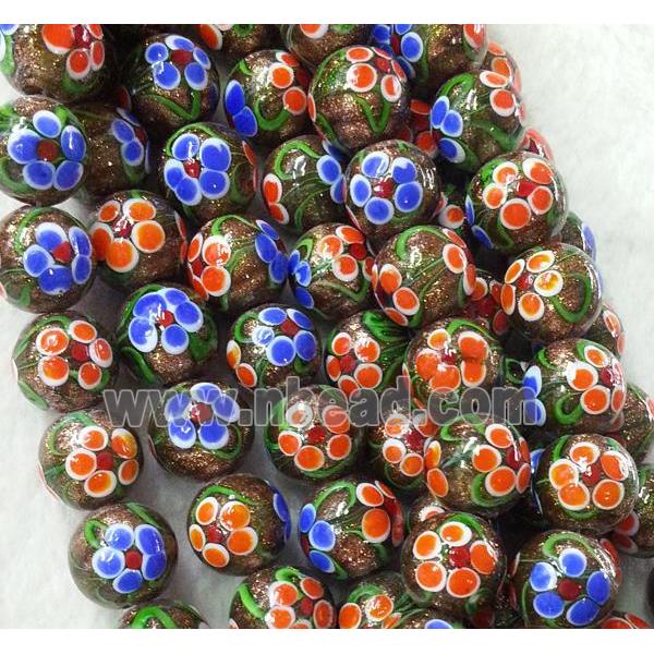 lampwork bead with flower and goldsand, round