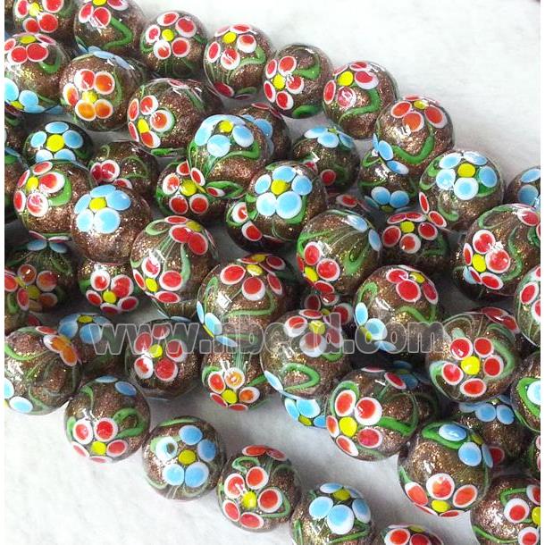 lampwork bead with flower and goldsand, round