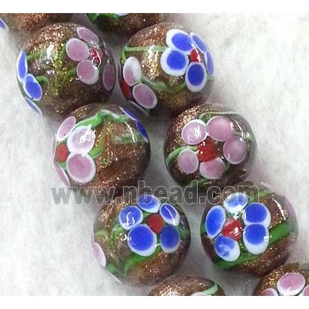 lampwork bead with flower and goldsand, round