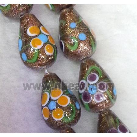 lampwork bead with flower and goldsand, teardrop