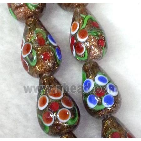 lampwork bead with flower and goldsand, teardrop