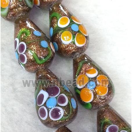 lampwork bead with flower and goldsand, teardrop