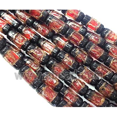 glass lampwork beads with goldsand, tube, red