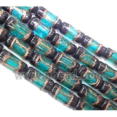 glass lampwork beads with goldsand, tube, aqua