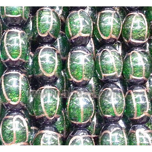 glass lampwork beads with goldsand line, barrel, green