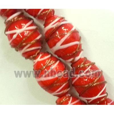 Lampwork Glass bead with goldsand, barrel, stripe, red,