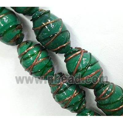 Lampwork Glass bead with goldsand, barrel, stripe, peacock blue