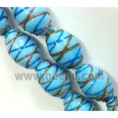 Lampwork Glass beads with goldsand, barrel, stripe, aqua