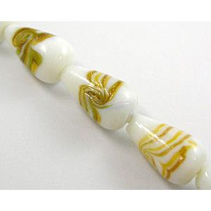 lampwork glass beads with swirl goldsand, teardrop, white