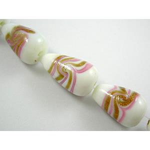 lampwork glass beads with swirl goldsand, teardrop, white