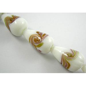 lampwork glass beads with swirl goldsand, teardrop, white