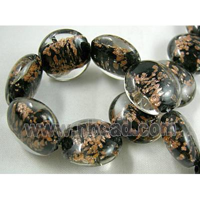 lampwork glass beads with goldsand, flat-round, black