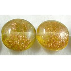 lampwork glass beads with goldsand, flat-round, yellow