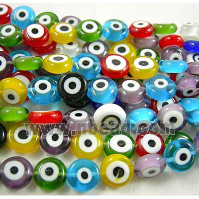 lampwork glass beads with evil eye, flat-round, mixed color