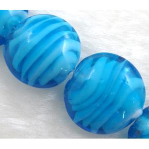 lampwork glass beads, flat-round, swirl line, blue