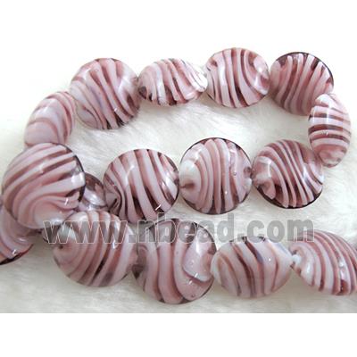 lampwork glass beads, flat-round, swirl line, purple