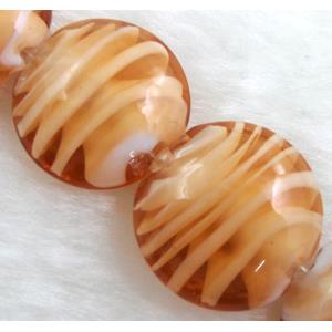 lampwork glass beads, flat-round, swirl line, orange