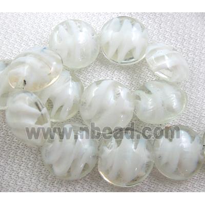 lampwork glass beads, flat-round, swirl line, clear