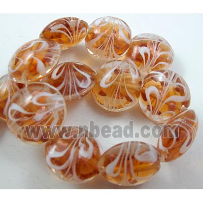 stripe lampwork glass beads, flat-round, golden