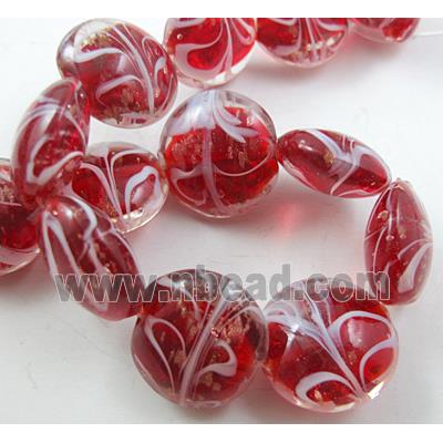 stripe lampwork glass beads, flat-round, red