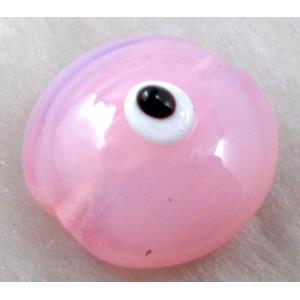  lampwork glass beads with evil eye, flat-round, pink