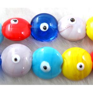  lampwork glass beads with evil eye, flat-round, mixed color