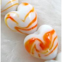 lampwork glass beads, heart, orange stripe, white