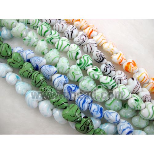 lampwork glass beads, heart, stripe, mixed color