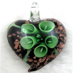 murano style glass lampwork pendant with goldsand, heart, green flower