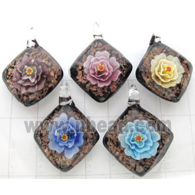 murano style lampwork glass pendant with goldsand, square, flower, mixed color