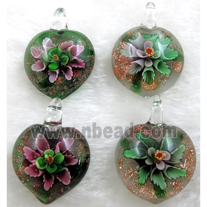 murano style lampwork glass pendant with goldsand, heart, butterfly, mixed color