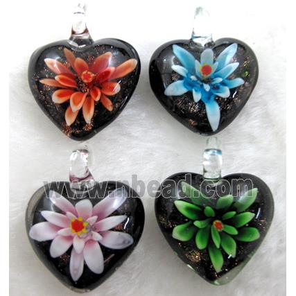 murano style lampwork glass pendant with goldsand, heart, butterfly, mixed color