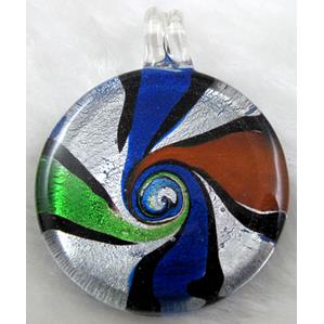 dichromatic glass lampwork pendant with silver foil, flat-round, mixed color