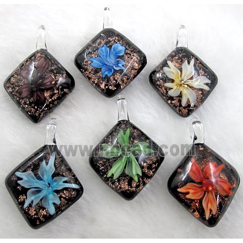 murano style lampwork glass pendant with goldsand, square, mixed color