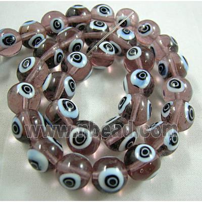 lampwork glass beads with evil eye, round, lt.purple